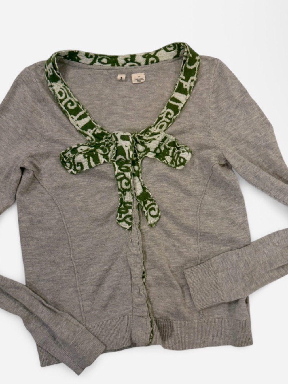 J.Crew Gray Cardigan Green Velvet Bow Trim Sweater S Petite